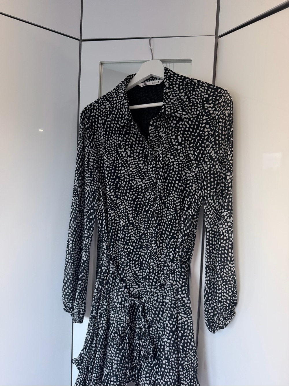 Zara Black and White Dot-Print Long Sleeve Wrap Dress
